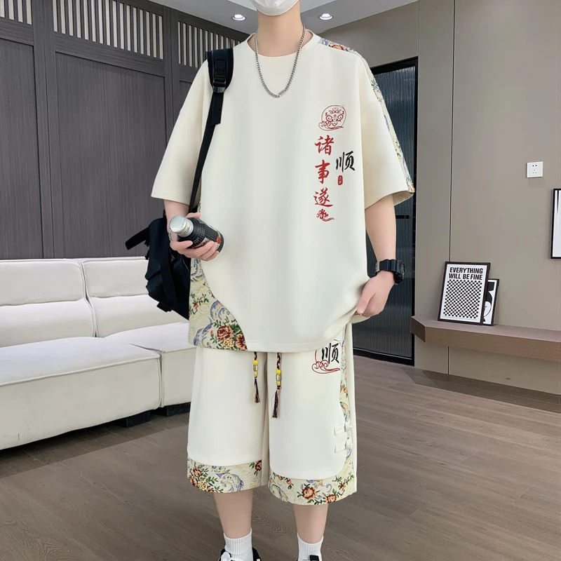 男士短袖t恤夏季潮休闲套装中国民族风宽松青少年半袖运动两件套