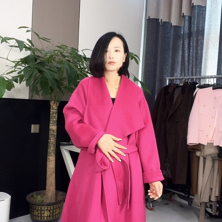 双面呢大衣长款玫红色