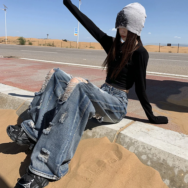 华利尔斯美式高街做旧高腰阔腿破洞牛仔裤女大码胖复古直筒宽松拖