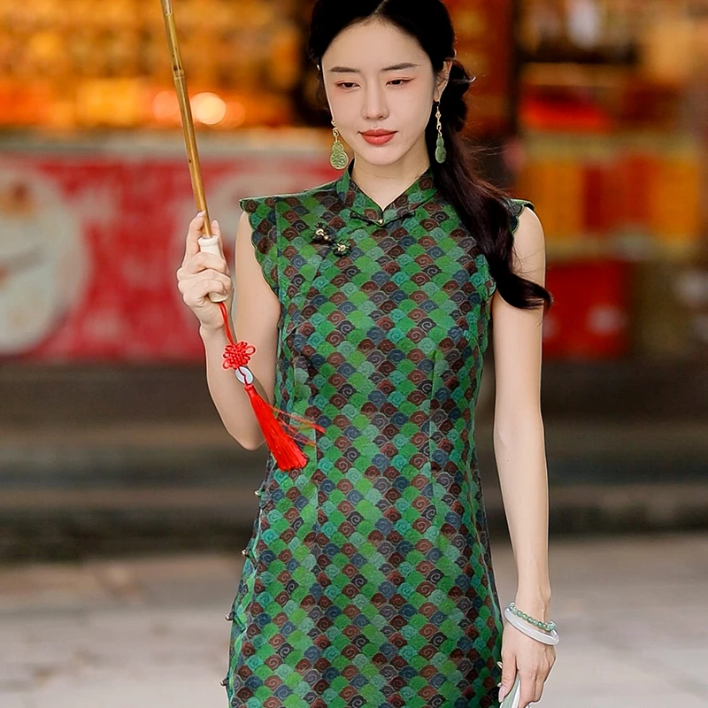 复古日记“碧波青云”100桑蚕丝古法全开襟红云纱旗袍裙252L7655