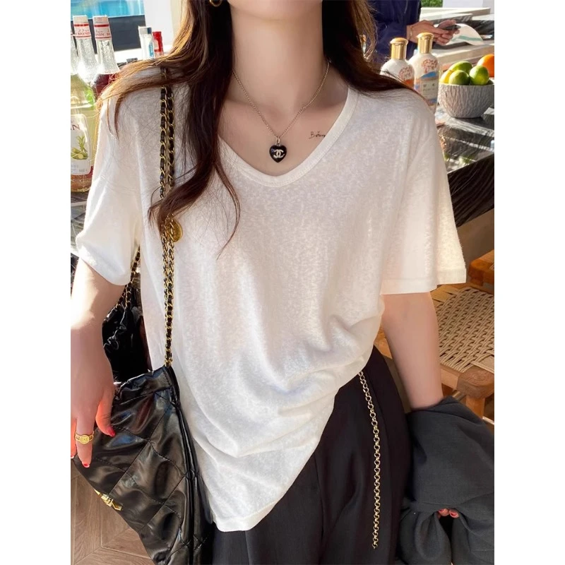 白色雪花棉短袖T恤女夏季v领高级感薄款微透冰丝面膜防晒罩衫上衣