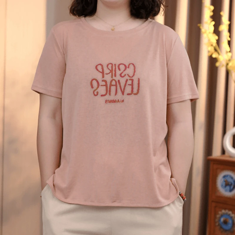 夏季新款简约韩版常规法式妈妈短袖T恤休闲字母中年女士显瘦上衣