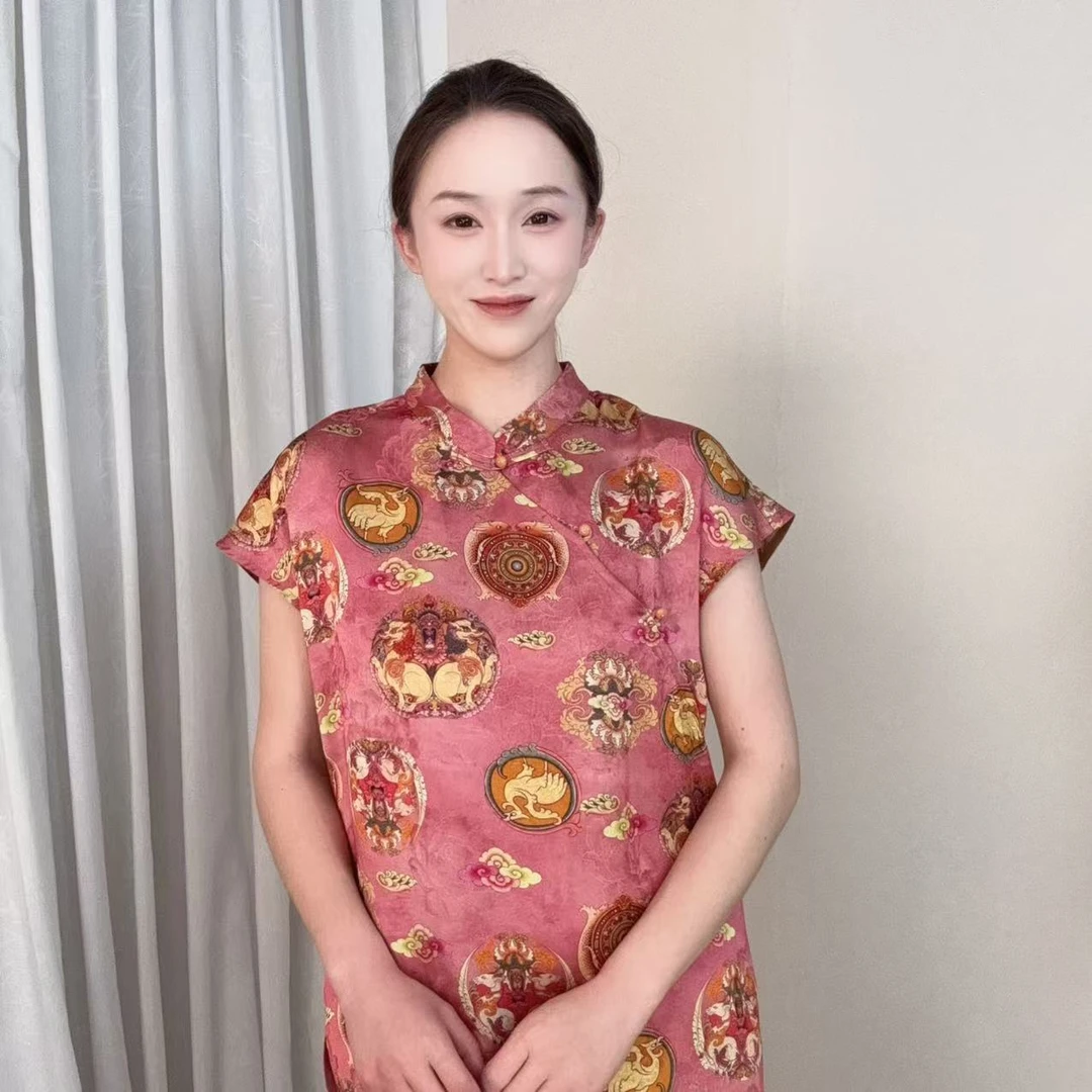 【祥云瑞凤-粉】夏季薄款新中式国风香云纱飞飞袖老料奥黛短袖-CR