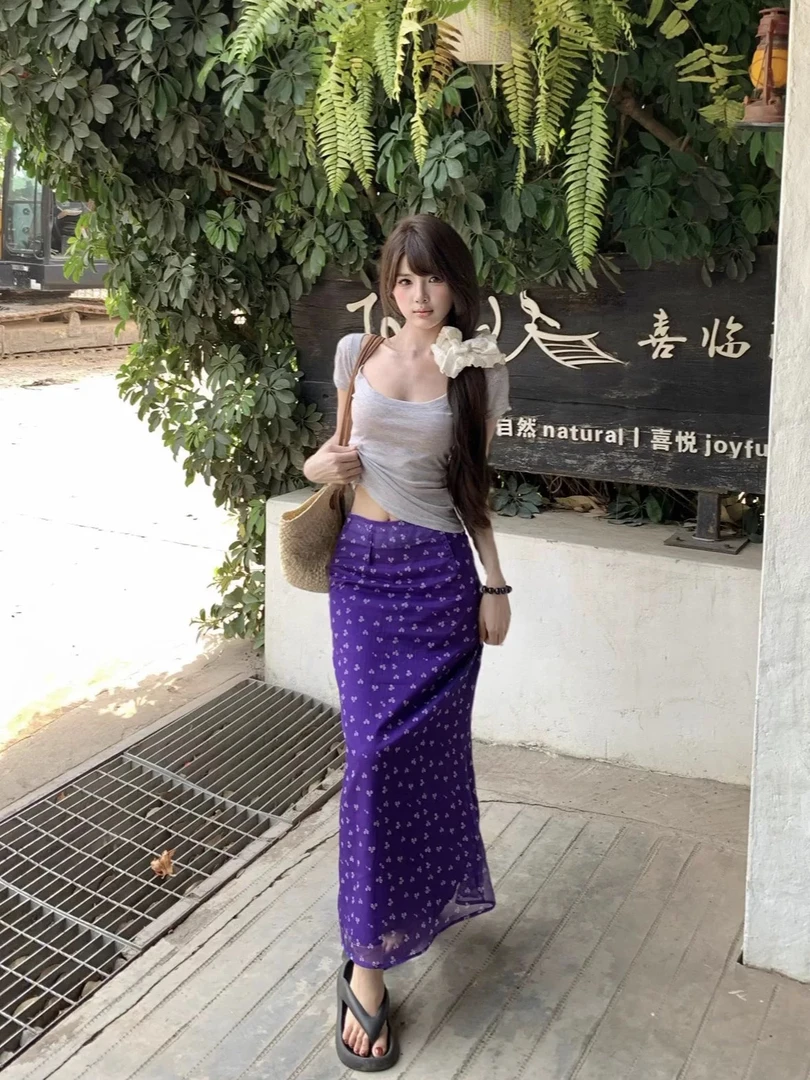 紫闺蜜裙子夏季新款碎花半身裙气质显瘦高腰长裙小众花色度假字裙