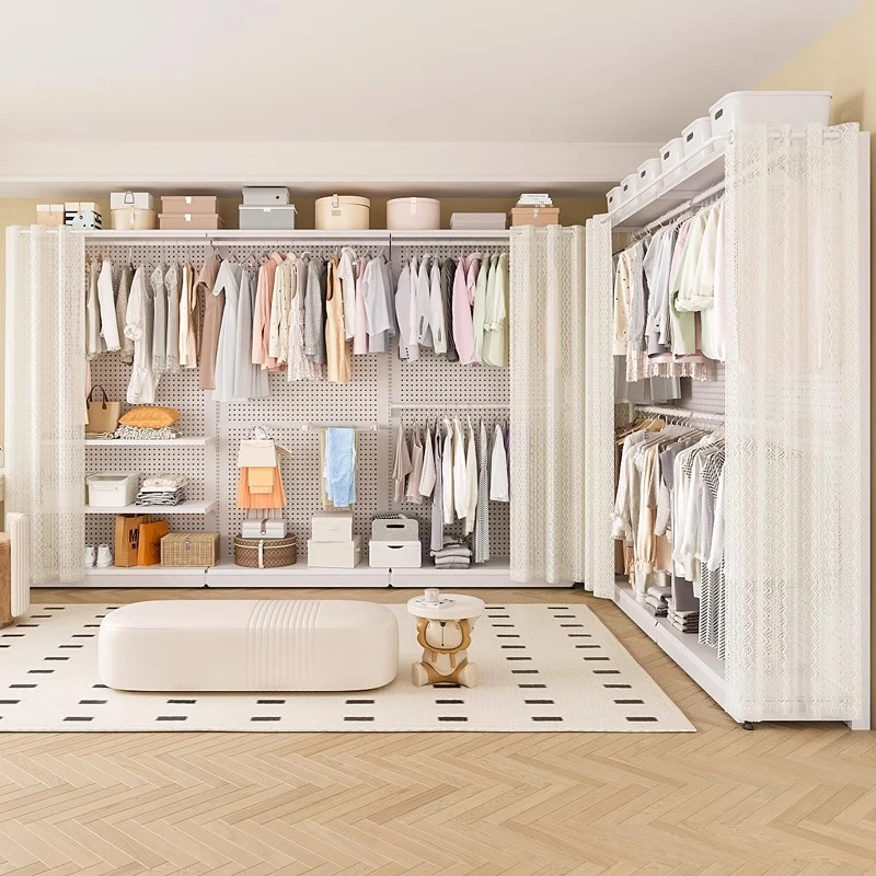 洞洞板衣柜家用卧室货架金属铁艺开放式简易组装出租房钢制衣橱子