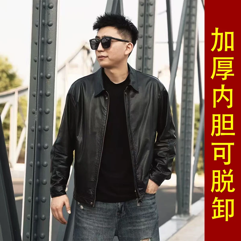 【西卡诺】冬季加厚可脱卸内胆头层小牛皮翻领飞行服真皮短款皮夹克