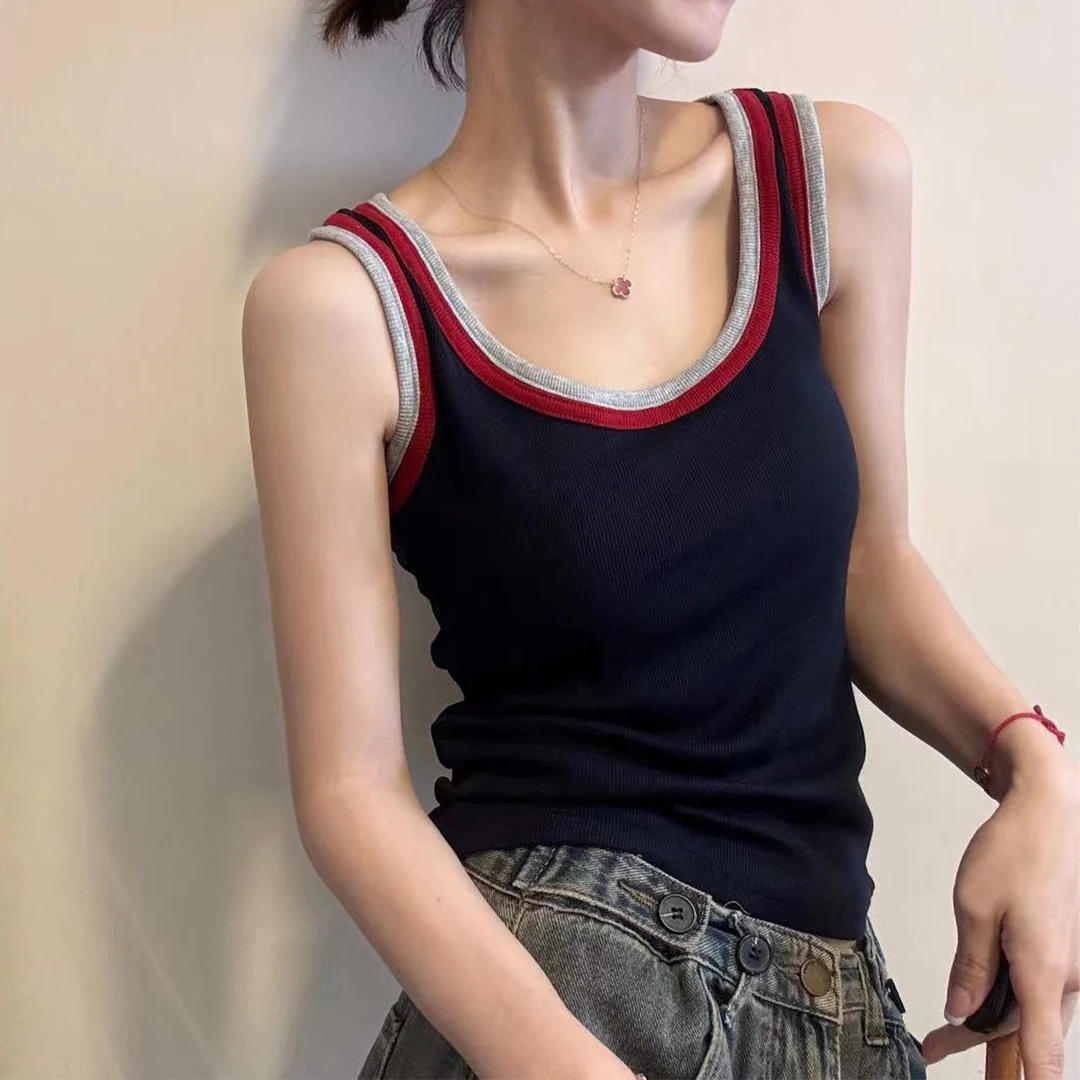 欧货吊带背心女2025新款早秋撞色拼接无袖内搭修身显瘦U领打底衣