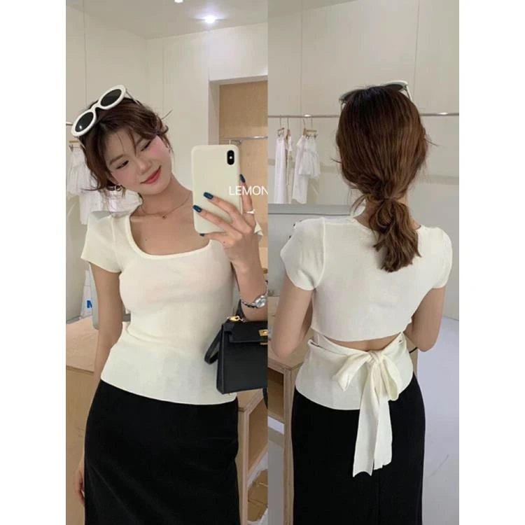温柔风正肩露背绑带显瘦修身百搭T恤女装2025夏季高级感收腰上衣