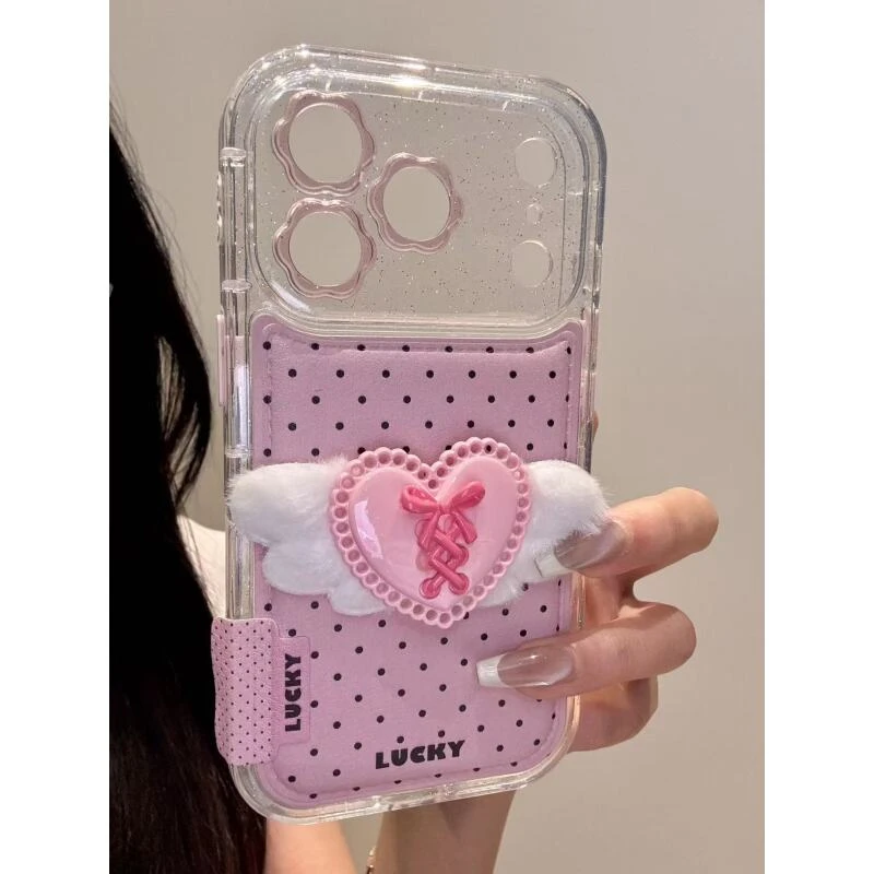 甜美少女粉底波点翅膀爱心适用于iphone17promax苹果16pr手机壳15