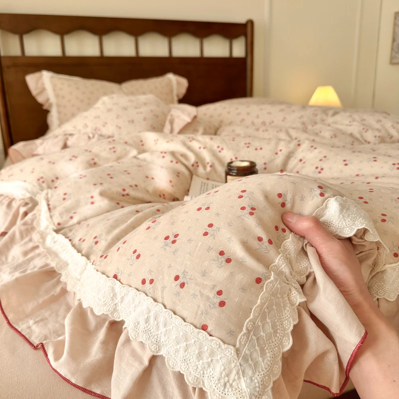 A类全棉双层纱四件套蕾丝花边被套纯棉纱布裸睡公主风床上用品
