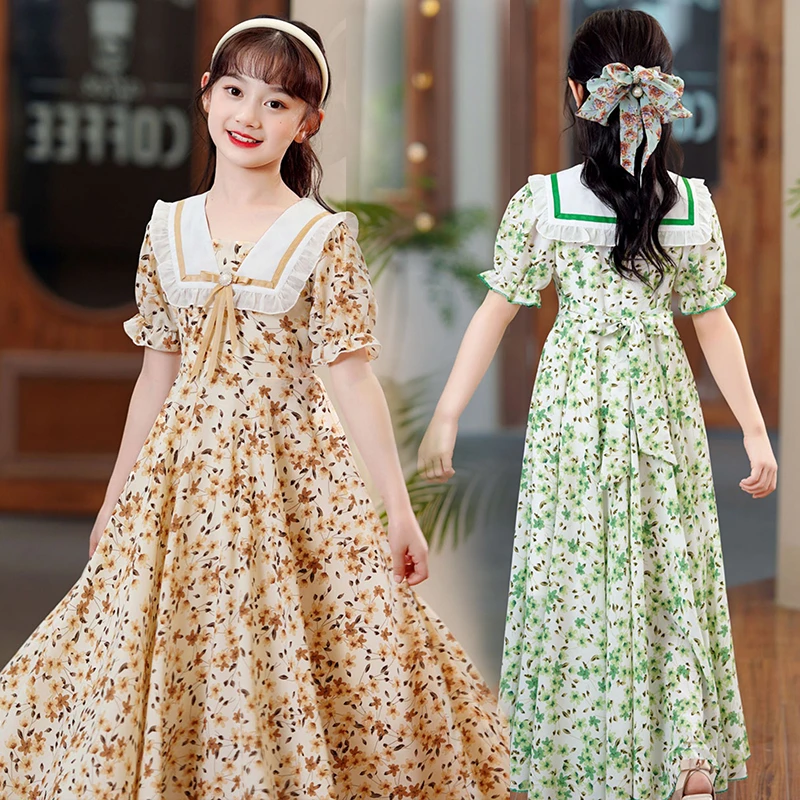 女童旅游连衣裙夏装泡泡袖小女孩洋气裙子学生甜美过膝碎花长裙