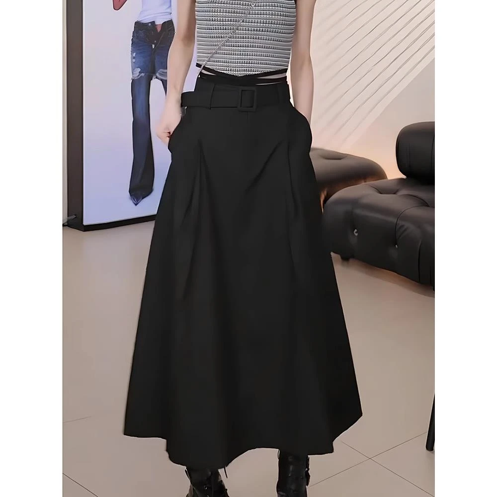 夏季韩版黑色半身裙女2025新款时尚高腰显瘦设计感A字休闲中长裙