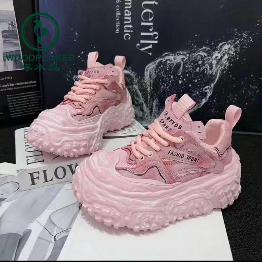 啄木鸟2025新款松糕轮胎老爹鞋女复古时尚百搭运动休闲擦色溶解鞋