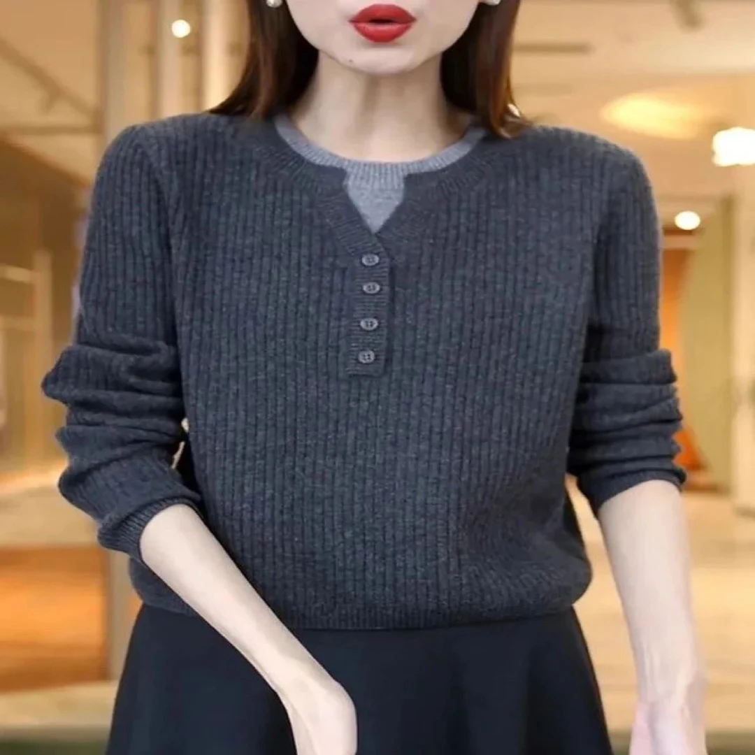 灰色半开领针织打底衫女叠穿秋冬新款内搭假两件毛衣套头