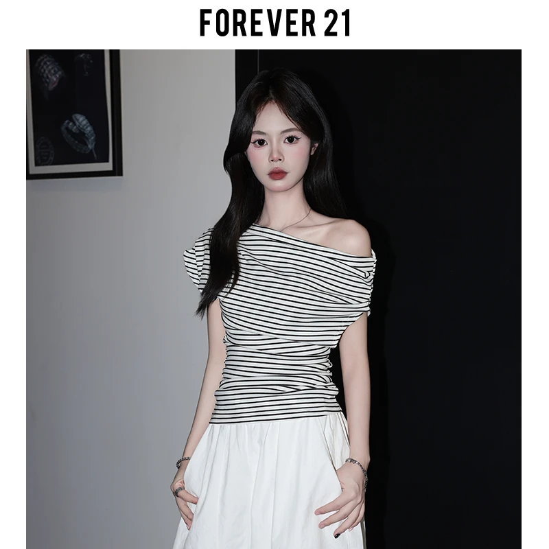 Forever21夏季慵懒撞色条纹斜肩短袖女设计感黑色收腰打底T恤上衣
