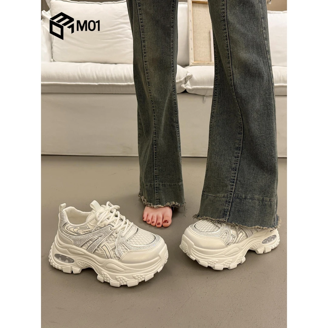 M01松糕厚底老爹鞋女夏季薄款小个子增高新款透气白色运动休闲鞋