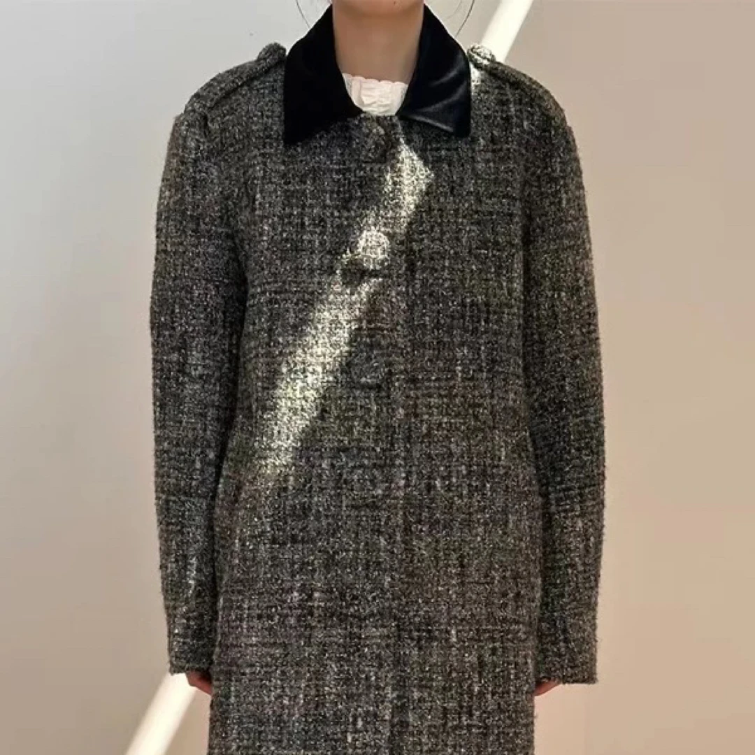 【lunan】排扣宽松中长款翻领撞色毛呢大衣