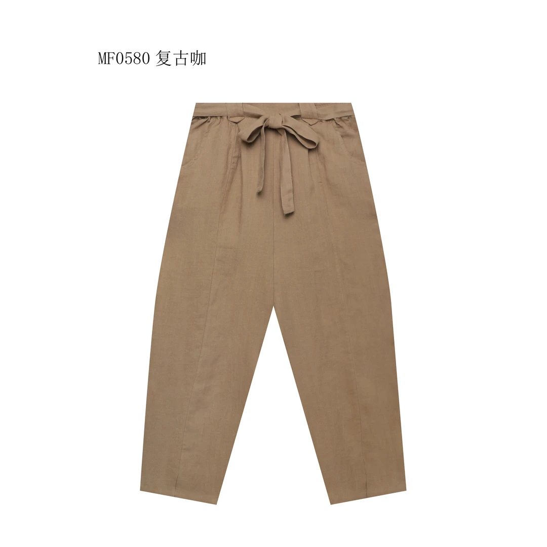 【麻訪家】MF0580复古咖复古文艺简约松紧腰百搭显瘦休闲哈伦裤