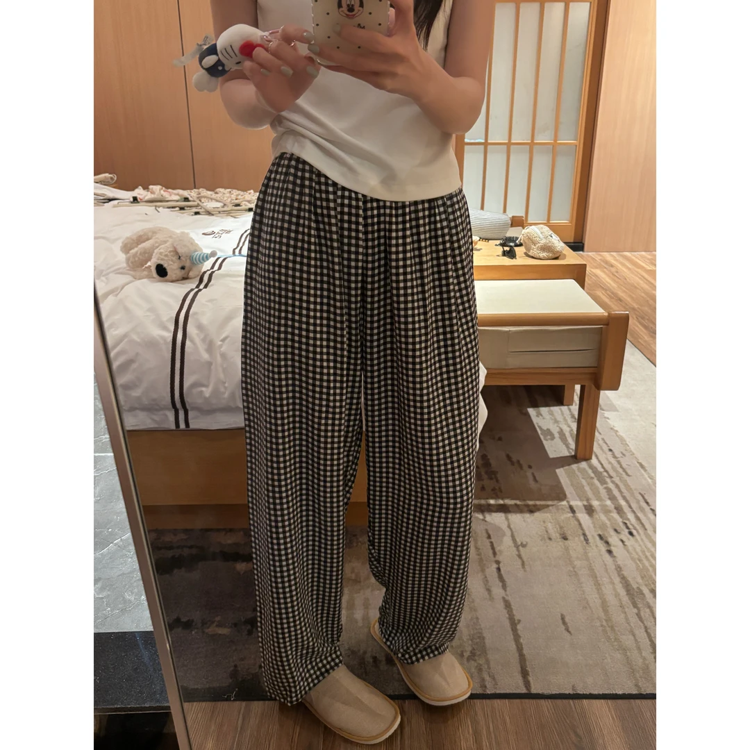 遛弯裤#（两条装）松紧腰宽松遛弯裤格子家居睡裤可外穿