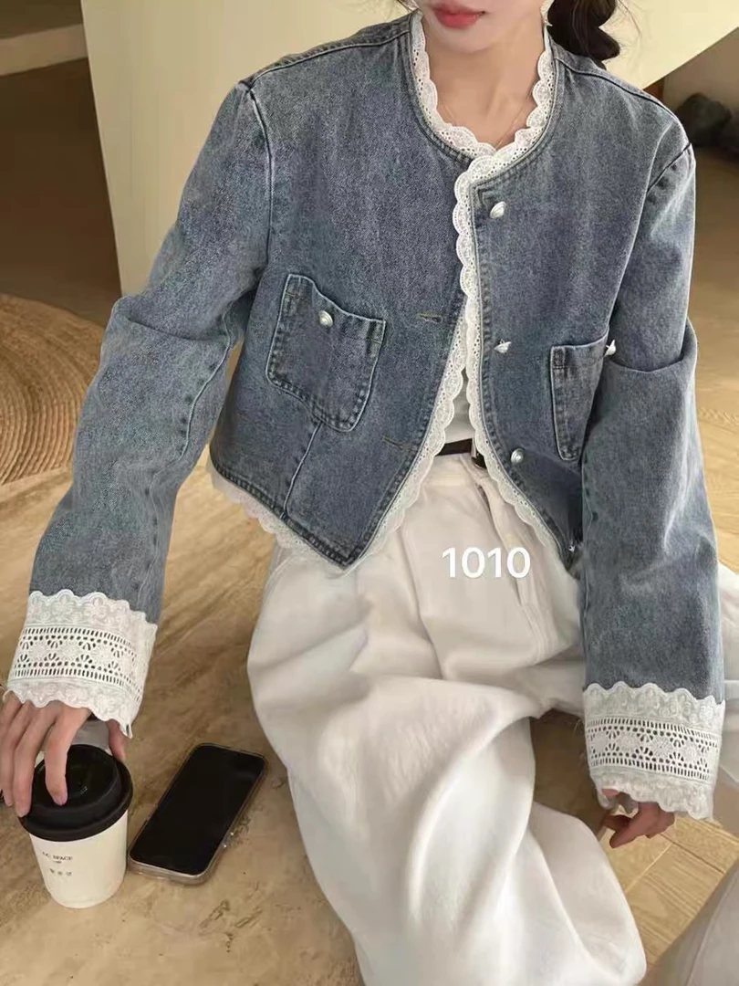 1010#美素蕾丝花边拼接精致牛仔衣短外套