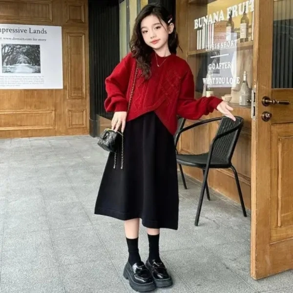 女童国风连衣裙针织毛衣小女孩复古潮范儿童两件套过年套装衣服