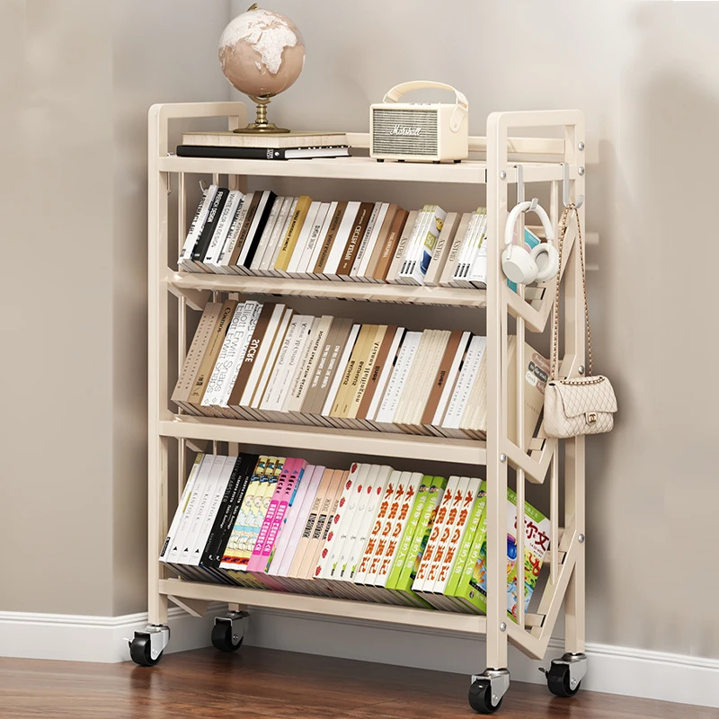 家用多层简易书柜可移动落地书架靠墙铁艺收纳架子带轮落地置物架