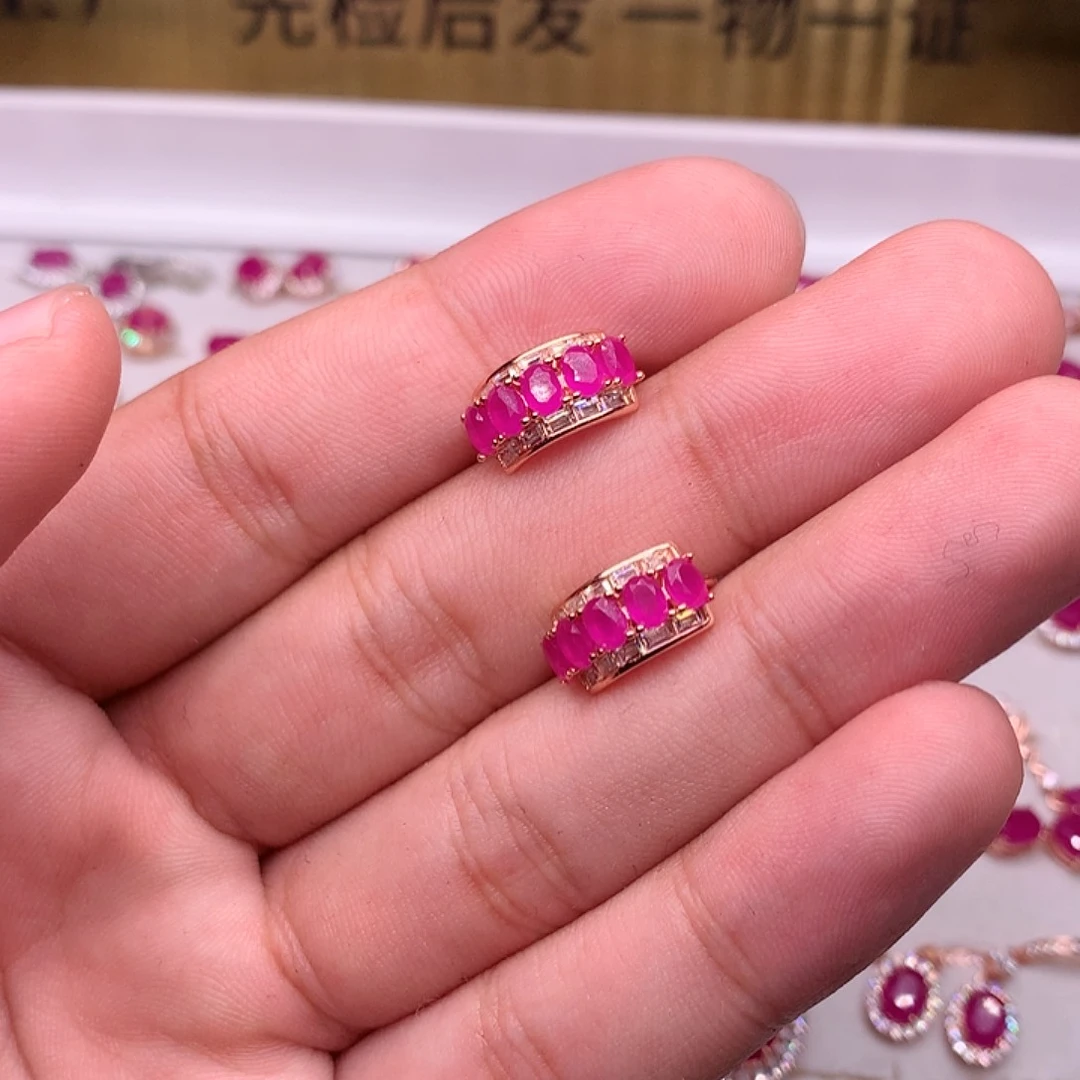 红宝石耳饰银S925镶嵌