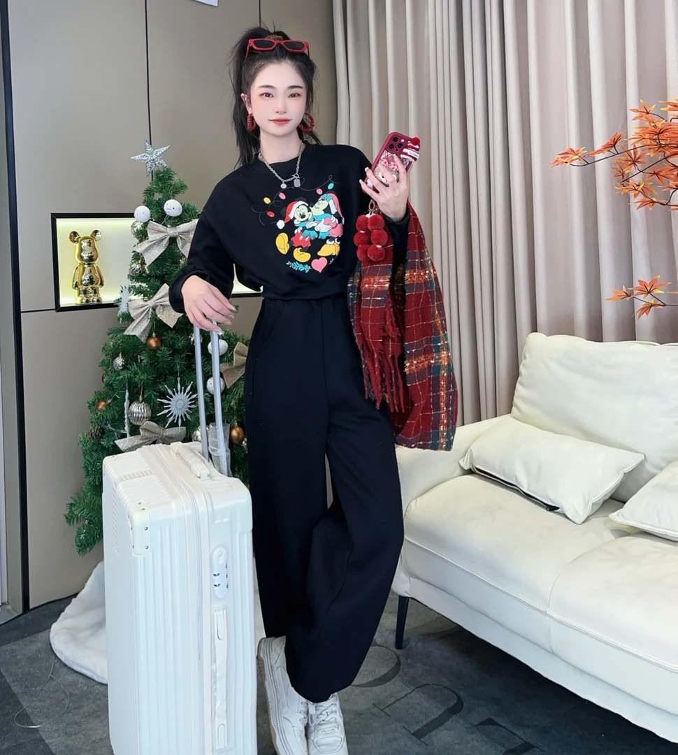 -加绒加厚冬季新款休闲风时尚米奇印花卫衣女高腰阔腿裤两件套494