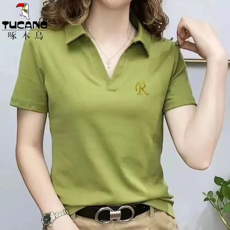 夏季啄木鸟正品新款2025年休闲大码上衣衬衫修身V领修身女显瘦