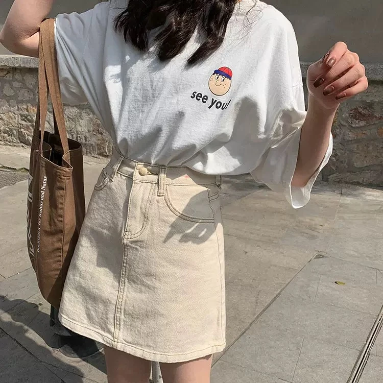 1225-卡其色牛仔短裙女夏季2025新款复古防走光裤裙高腰a字短裙女