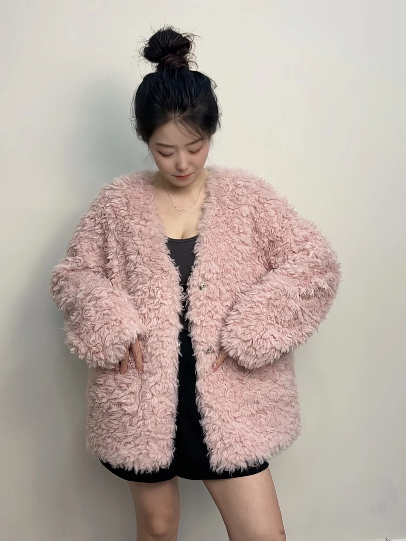 v领宽松型纯色标准女加厚短外套气质百搭短款宽松