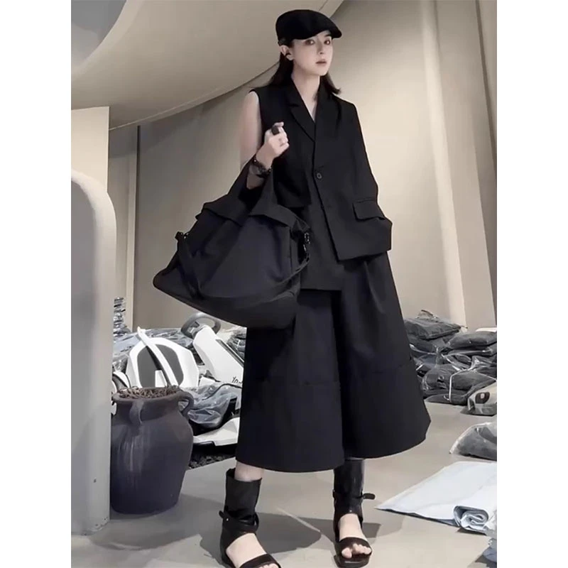 欧洲站2025夏季新款韩版百搭显瘦西装领马甲高腰纯色阔腿裤两件套