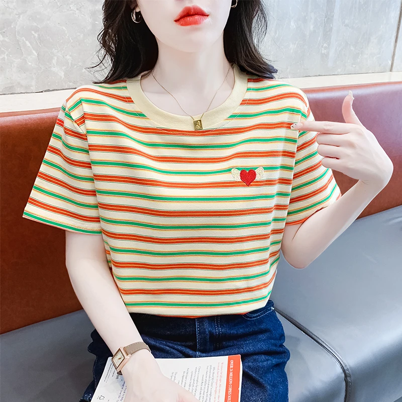 正肩女士条纹短袖t恤女装2025夏季新款宽松半袖上衣洋气刺绣小衫