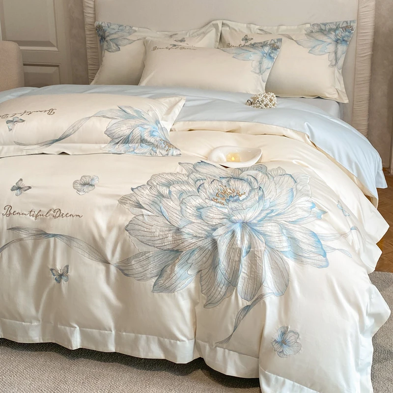 轻奢100支长绒棉全棉四件套精美绣花四季通用床单床笠款床上用品