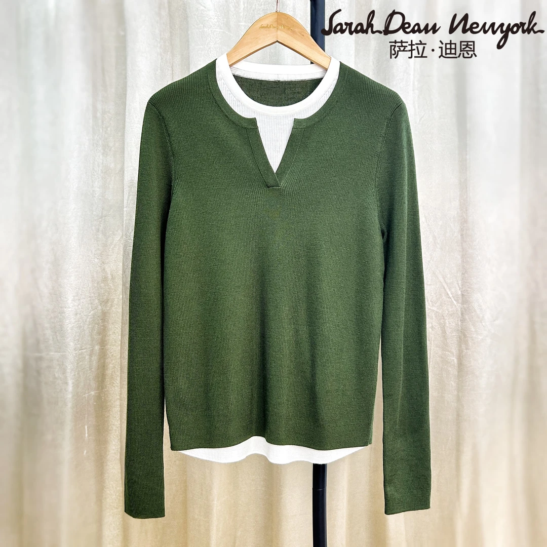 【萨拉迪恩】羊毛衫长袖针织时尚休闲百搭绿色清新女士圆领假两件