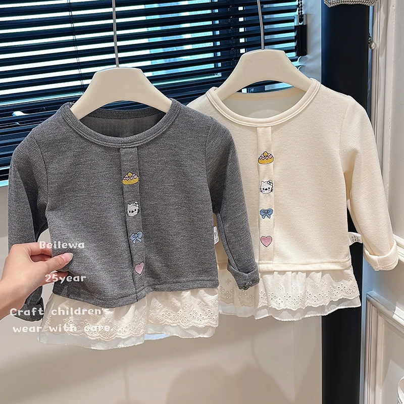 新款女童春秋款蕾丝边卡通刺绣打底衫百搭休闲女童卫衣秋季外穿