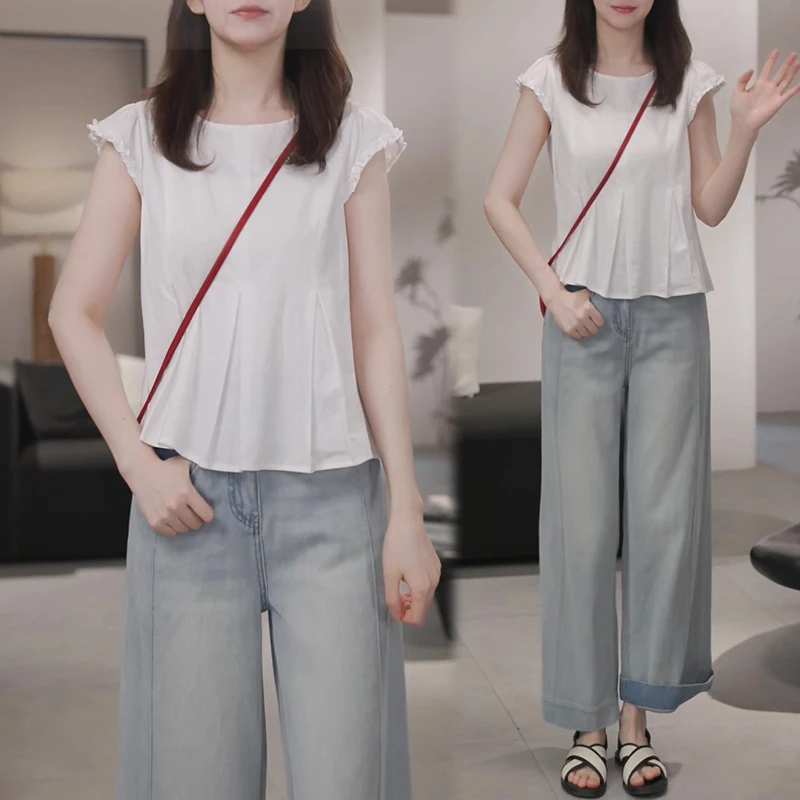 法式减龄套装女2025夏季新款木耳边无袖背心上衣显瘦阔腿裤两件套