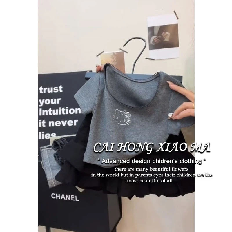 韩国童装儿童套装2025新款女童洋气宝宝可爱kitty猫短袖T恤半身裙