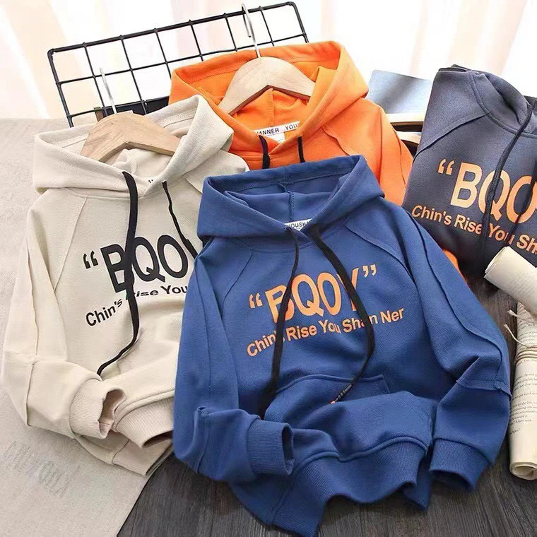 春秋季拼接中大童印花字母袋鼠兜连帽休闲卫衣 2801