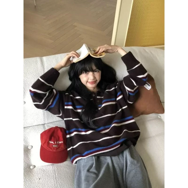 【秋季上新】2025秋季新款慵懒风复古条纹针织套头针织上衣显瘦秋季