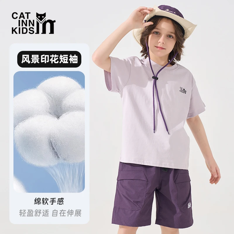 CATINN2025夏款儿童印花T恤儿童运动白色夏季经典圆领潮服设计师