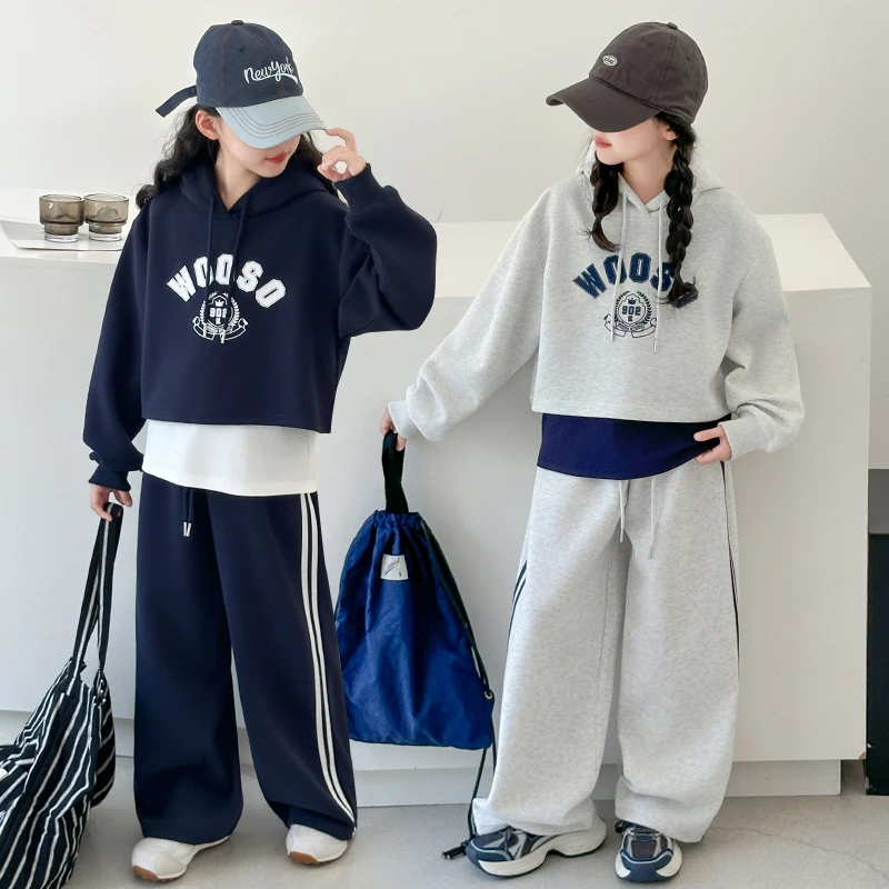 女童春秋季套装2025新款洋气中大童秋装假两件卫衣女孩休闲两件套