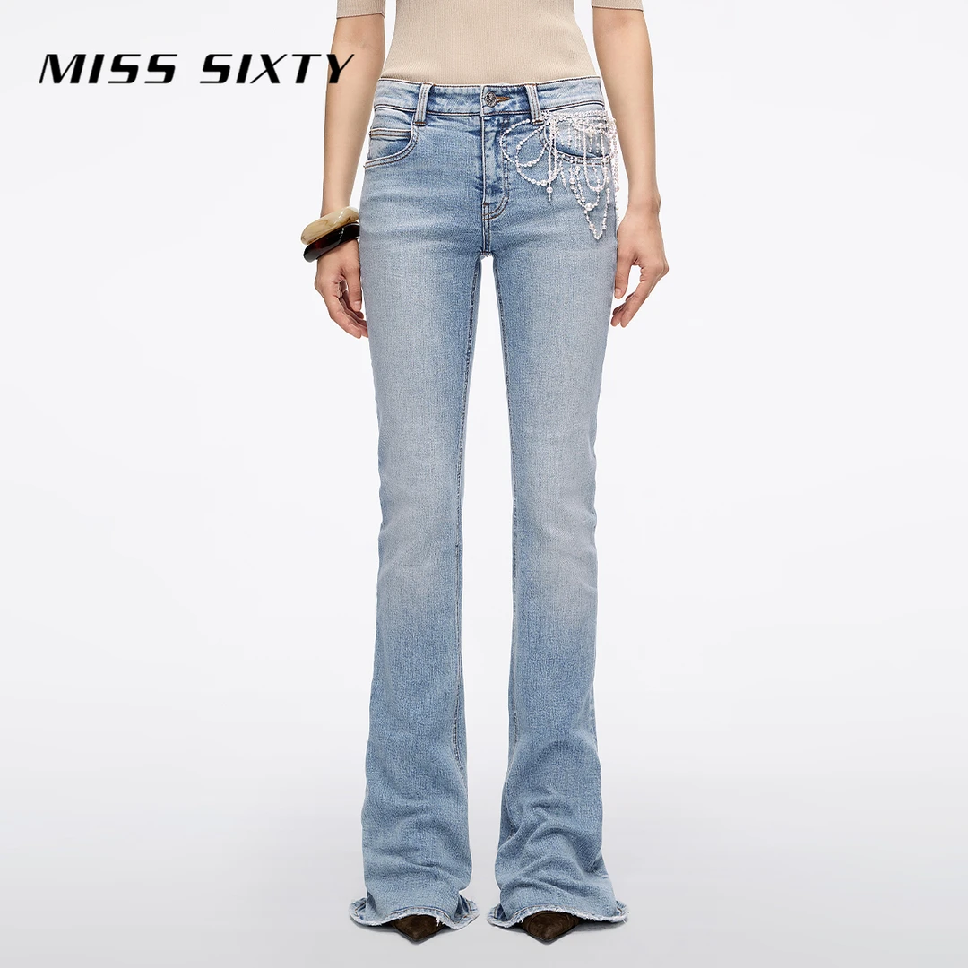 【进口牛仔面料】Miss Sixty2025秋季新款牛仔裤女珍珠喇叭裤流光风