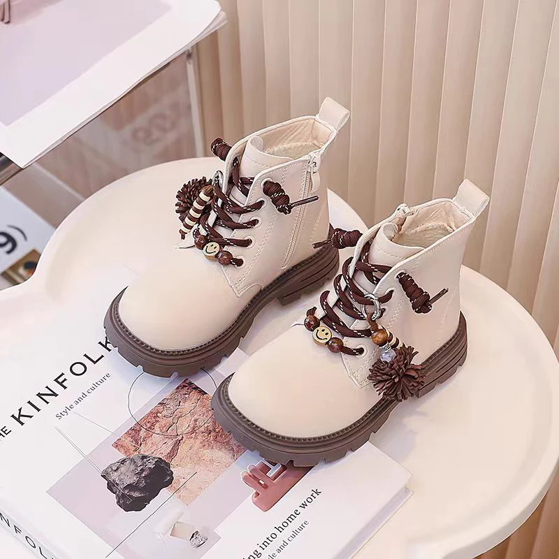 儿童防滑皮靴加绒保暖2025年冬季女童短靴马丁靴98-8笑脸