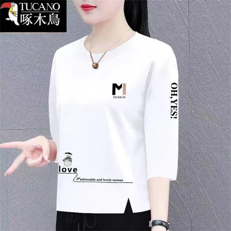 啄木鸟短款七分袖T恤女新款印花纯棉2025年夏季时尚休闲圆领上衣