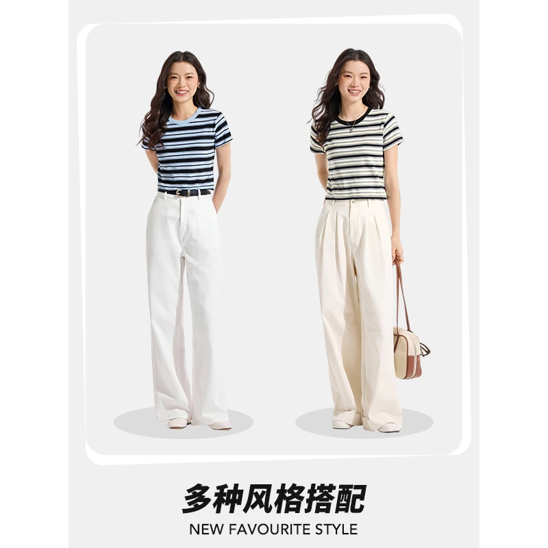 热风条纹短袖T恤上衣2025年夏季新款简约修身拼色短袖T恤正肩打底