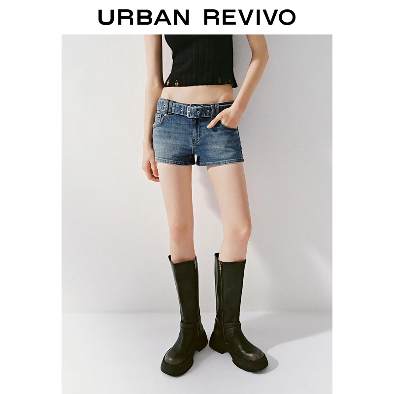 UR2025夏季新款女装复古休闲水洗腰带装饰牛仔短裤UYY850143