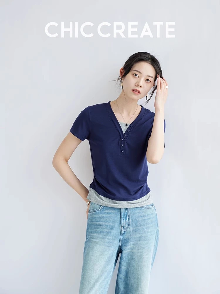 宠溺面膜T！ 假两件收褶显瘦V领短袖T恤上衣女夏新款