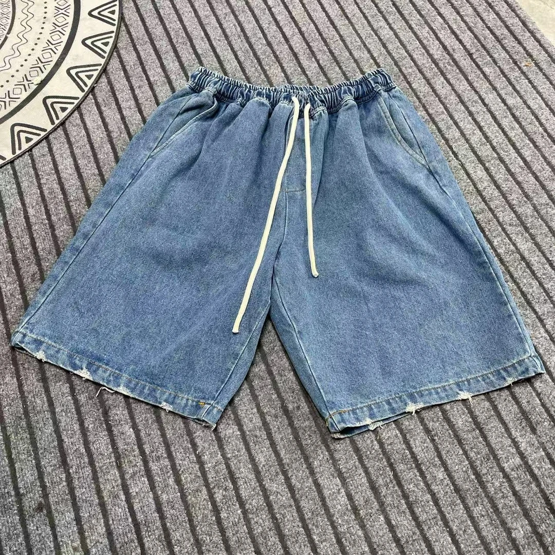 K20-情侣港风宽松版蓝色时尚休闲百搭松紧腰抽绳夏季水洗牛仔短裤