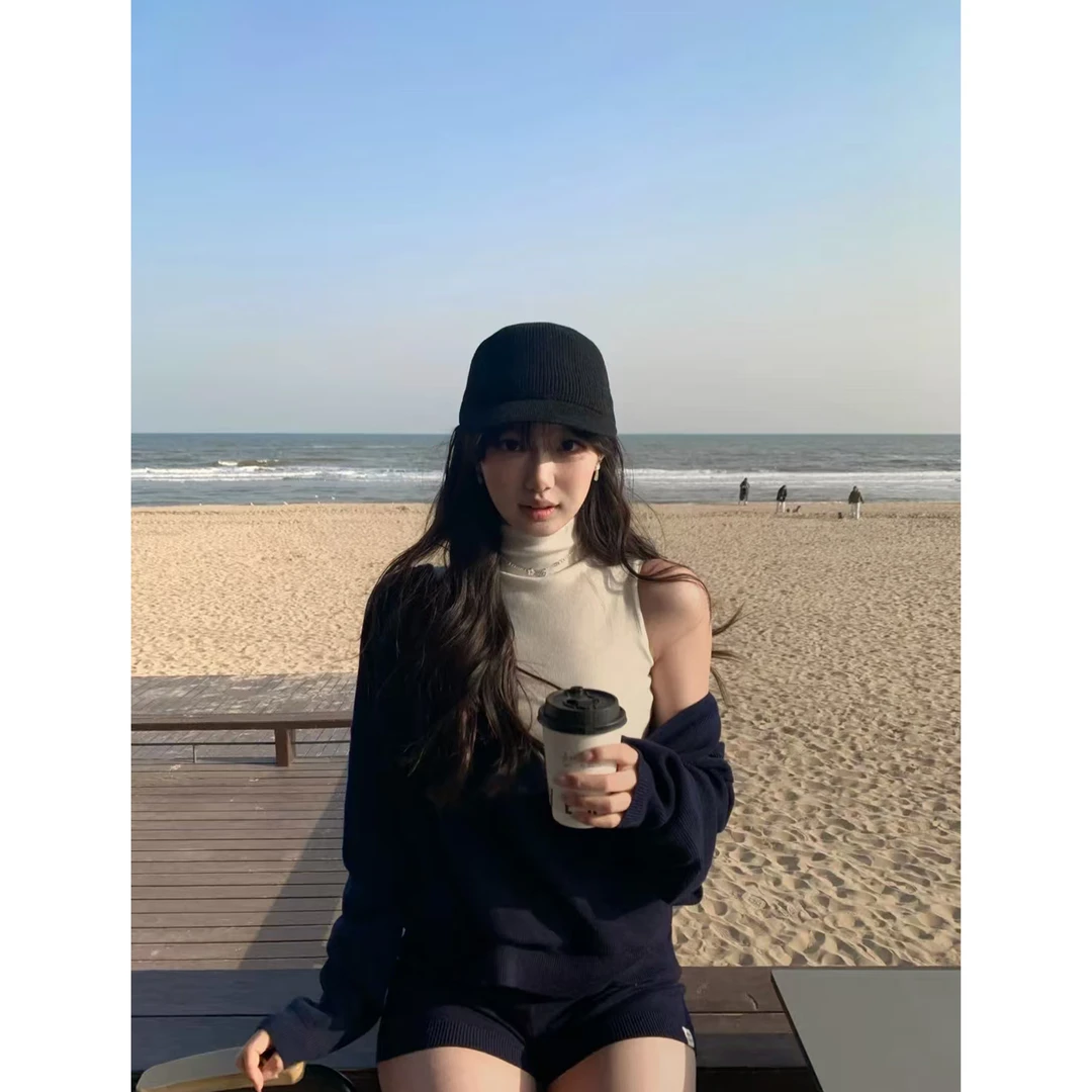 韩系松驰感翻领针织上衣+秋冬高级感内搭慵懒风两件套Z 5157#